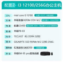 华硕 配置二：I3 12100(四核)+8G+256G 办公客服财务家用入门游戏台式主机